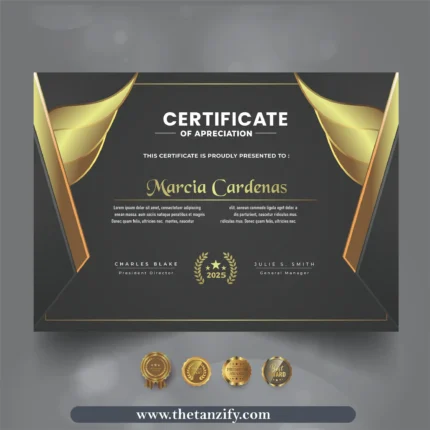A decorative digital certificate awarded to Marcia Cardenas by Charles Blake, featuring the Tanzify website (www.thetanzify.com) and a recognition message.