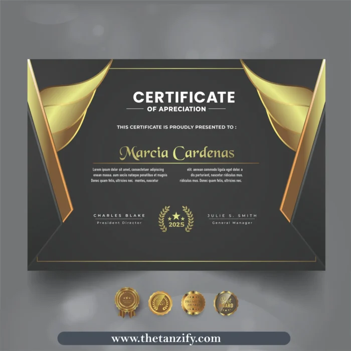 A decorative digital certificate awarded to Marcia Cardenas by Charles Blake, featuring the Tanzify website (www.thetanzify.com) and a recognition message.