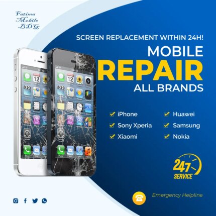 Futune Mobile poster advertising 24-hour smartphone screen replacement, emergency repair services, and 2.5T SETWIDE technology for iPhone, Samsung, Xiaomi, Huawei, and Sony Xperia.