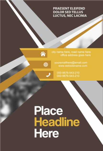 Brochure titled "Praesent Eleifend" with contact info, address, and headline placeholder