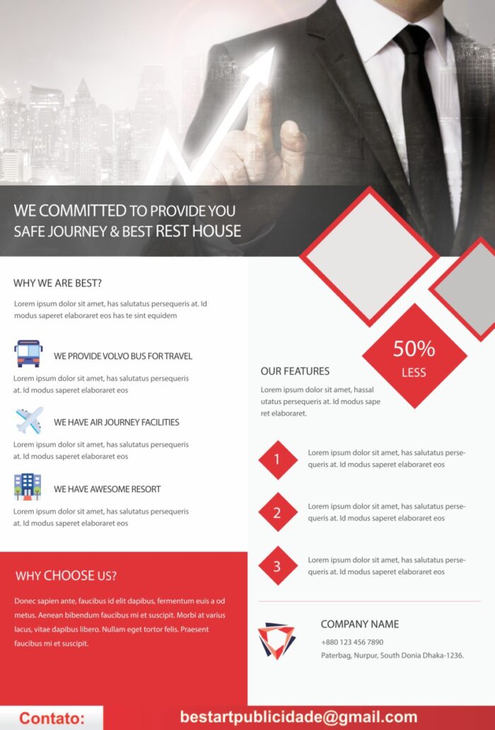 Travel brochure with 'Safe Journey' headline, Volvo bus/air travel/resort icons, 50% discount badge, and Dhaka contact details.