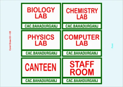 Photo of CAC Bahadurganj’s school facilities directory, featuring Biology Lab, Physics Lab, Chemistry Lab, Computer Lab, Staff Room, and Canteen with institutional labels.
