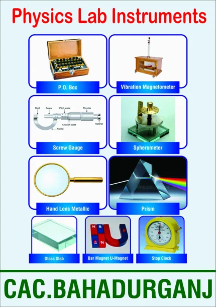 Educational physics lab instruments chart featuring images and names of common science lab tools like prism, magnet, screw gauge, and more.